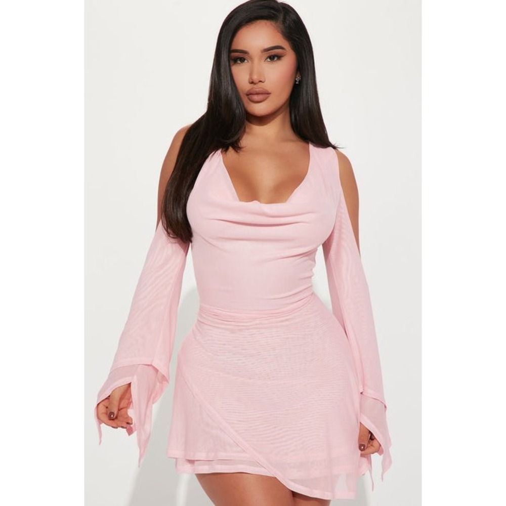Fashion Nova In Town Mesh Mini Dress Pink Cold Shoulder Party Clubwear‎